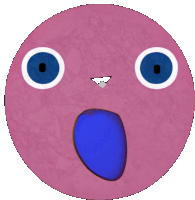 a pink circle with big blue eyes and a blue tongue sticking out