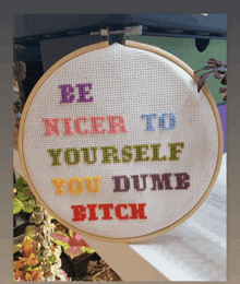 a cross stitch that says be nicer to yourself you dumb bitch on it