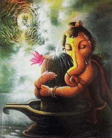 a painting of a elephant holding a person with a flower on it