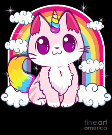 a pink cat with a unicorn horn is sitting under a rainbow