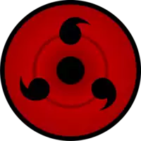 a red and black circle with three black dots on it