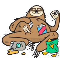 a cartoon of a sloth eating a cookie and drinking a can of soda