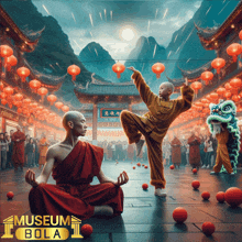 a poster for museum bola shows two monks meditating in front of chinese lanterns