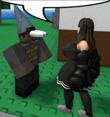 a woman standing next to a roblox character that says jones bbq