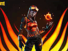 a woman is holding a fireball in her hand while standing in front of a fire background .