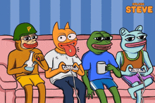 a group of frogs are sitting on a couch playing video games with the name solana steve on the bottom