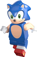 a lego figure of sonic the hedgehog with green eyes and red feet