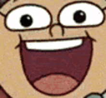 a close up of a cartoon character 's face with a big smile and glasses .