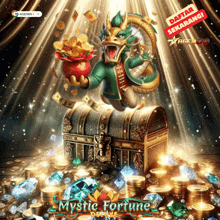 an advertisement for mystic fortune shows a dragon holding a pot of gold