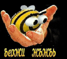 a person is holding a cartoon bee in their hands with a black background .