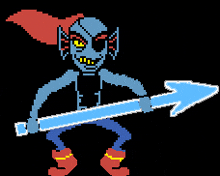 a pixel art drawing of a monster holding a large blue arrow