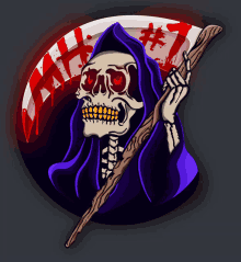 a grim reaper with a purple cape and a scythe