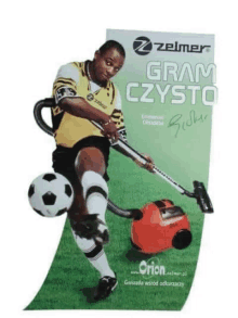 a picture of a soccer player holding a vacuum cleaner and a soccer ball