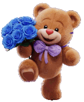 a brown teddy bear with a purple bow tie holds a bouquet of blue roses