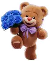 a brown teddy bear with a purple bow tie holds a bouquet of blue roses