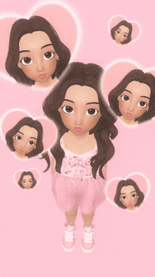 a girl in a pink dress is surrounded by hearts with different faces on them