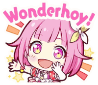 a cartoon girl with pink hair and purple eyes is waving her hands and says `` wonderhoy '' .