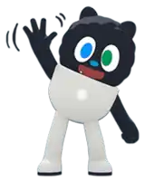 a black and white cartoon character with green eyes is waving his hand