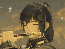 a girl with long black hair is playing a flute with her eyes closed