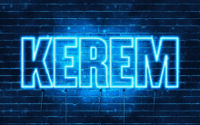 a neon sign that says the name kerem on a brick wall