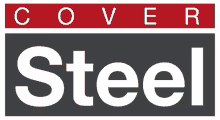 a logo for cover steel that is gray and white