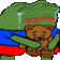 a cartoon of a green frog holding a brown teddy bear .