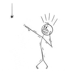 a cartoon of a man pointing at a spider hanging from a string .