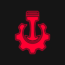 a red gear with a piston in the middle on a black background