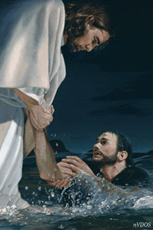 a painting of jesus reaching out to a man in the water