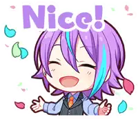 a cartoon illustration of a girl with purple hair and blue streaks saying nice .