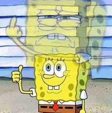 a cartoon spongebob gives a thumbs up with a shadow behind him