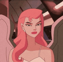 a cartoon angel with pink hair and wings is wearing a white dress and earrings .