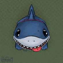 a drawing of a shark with a tongue sticking out and the name jenush written below it