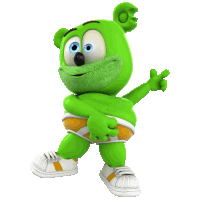 a green gummy bear is wearing a pair of orange and white underwear