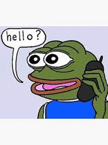 a cartoon frog is talking on a cell phone and saying hello .