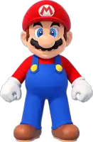 mario is wearing overalls and a red hat with an m on it