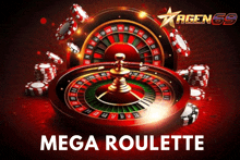 a poster for mega roulette with a roulette wheel and poker chips