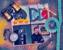 a painting of a man surrounded by various items including a clock