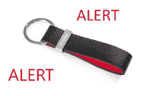 a skoda keychain with a red stripe on the bottom