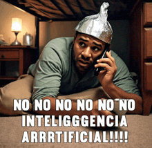 a man wearing an aluminum foil hat is talking on a cell phone