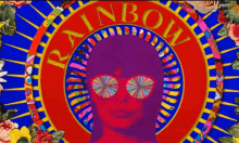 a colorful poster with a woman wearing sunglasses and the word rainbow