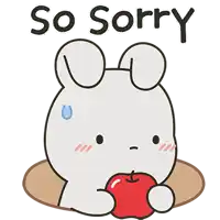 a cartoon of a rabbit holding an apple with the words so sorry above it