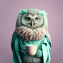 an owl wearing a scarf and gloves holds a cup of coffee