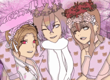 a drawing of three girls with one wearing a crown of flowers