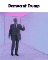 a man in a suit and tie is dancing in a room with the words democrat trump above him