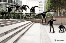 a skateboarder is doing a trick on a set of stairs