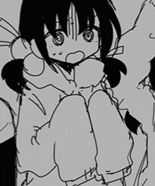 a black and white drawing of a girl with pigtails sitting down .