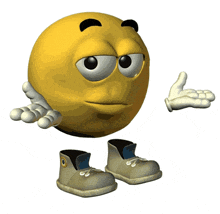 a cartoon smiley face wearing a pair of gray shoes