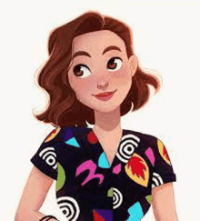 a cartoon illustration of a woman wearing a colorful shirt and smiling .