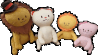 a group of stuffed animals including a lion and a rabbit